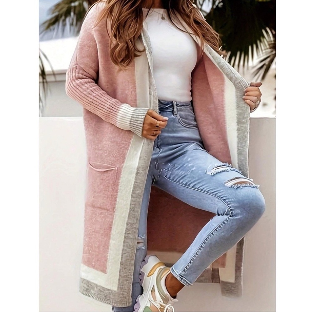Cozy Color Block Pockets Open Front Long Cardigan S M L